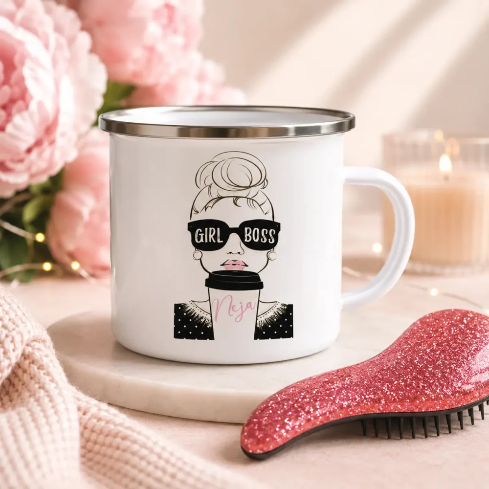 Emajliran lonček Girl boss z imenom